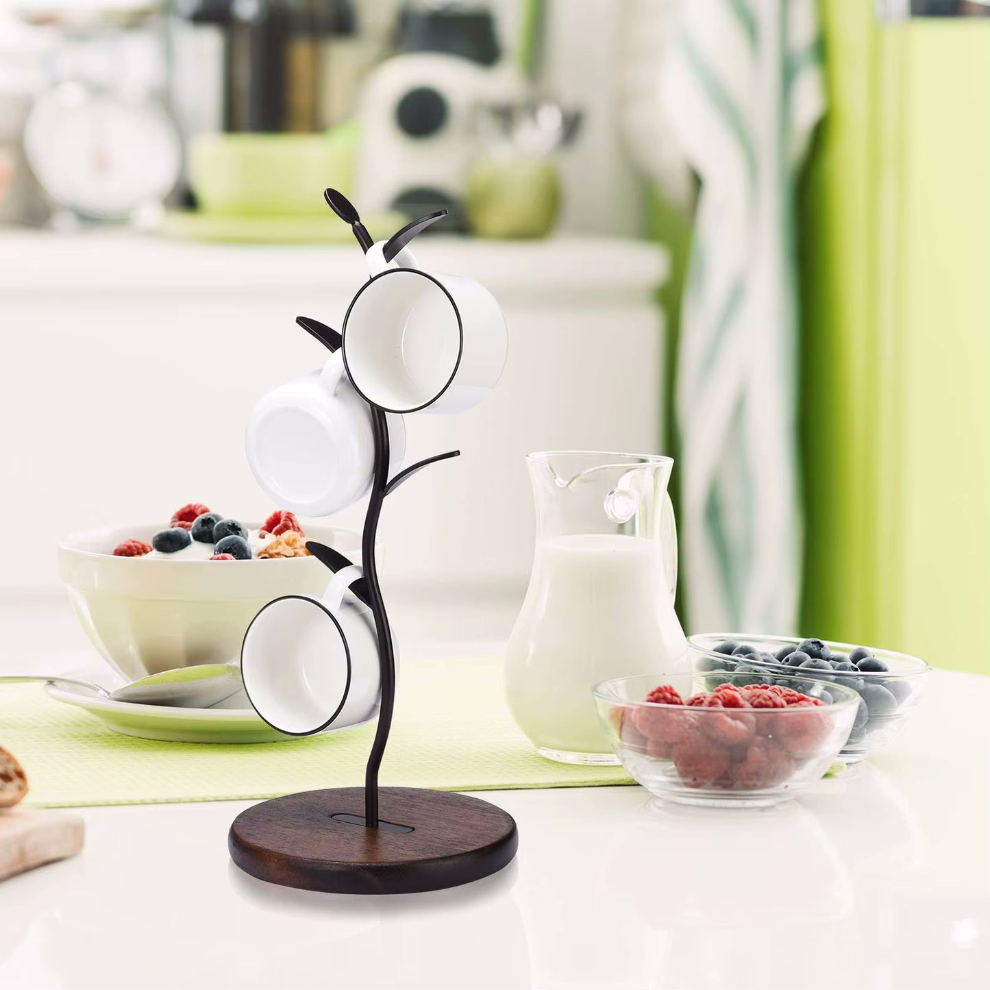 Ceramic Cups On Hanging Mug Tree With Leaves