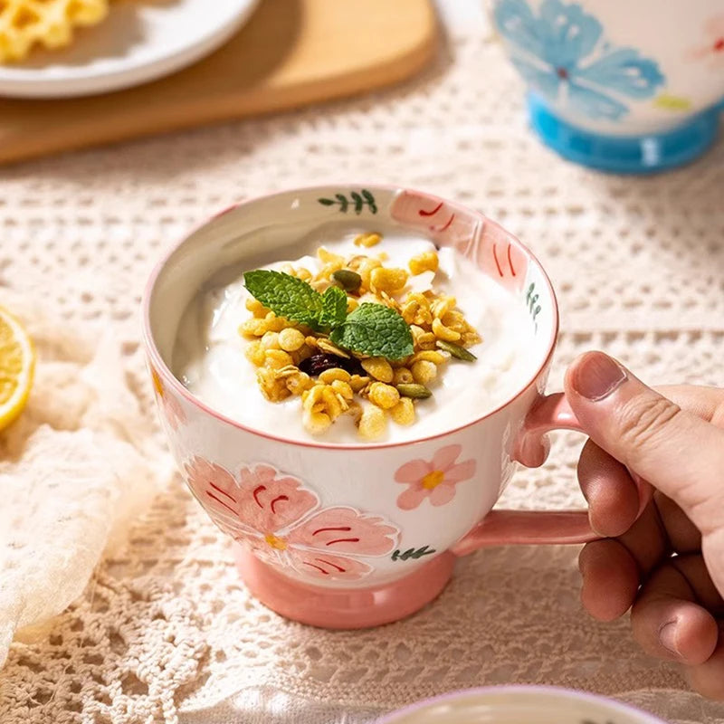 Breakfast Cereal Mug Painted Petals In Pink Ceramic Cup
