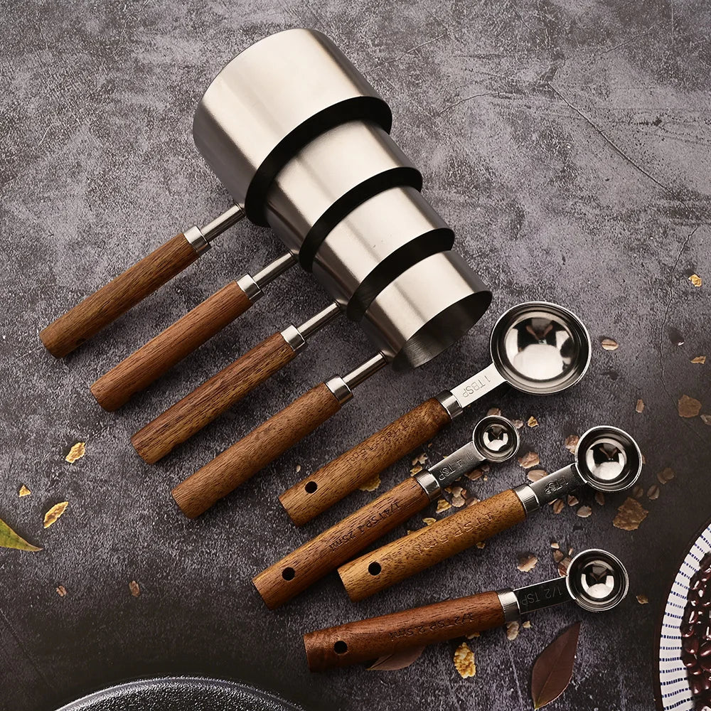 Chef Tools Luxury Style Kitchen Accessories Walnut Wood And Stainless Steel Measuring Cups And Spoons
