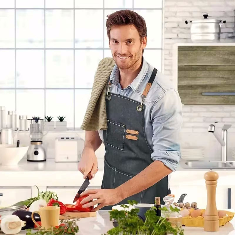 Man Wearing Canvas Apron Home Chef Kitchen Apron With Pockets