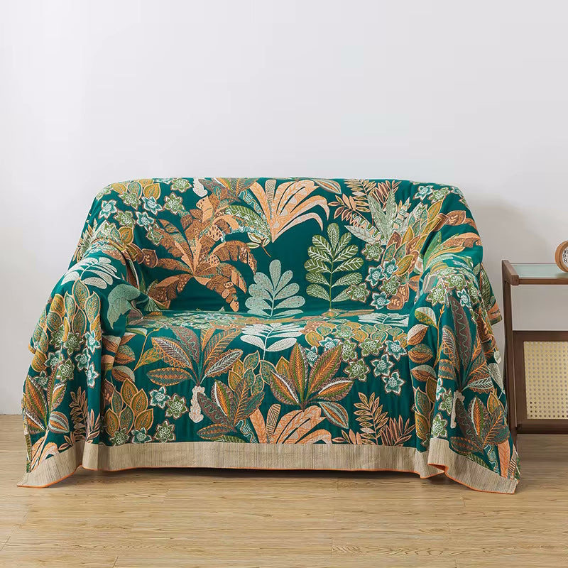 Emerald Eden Reversible Dark Couch Cover Cotton Sofa Blanket With Plants