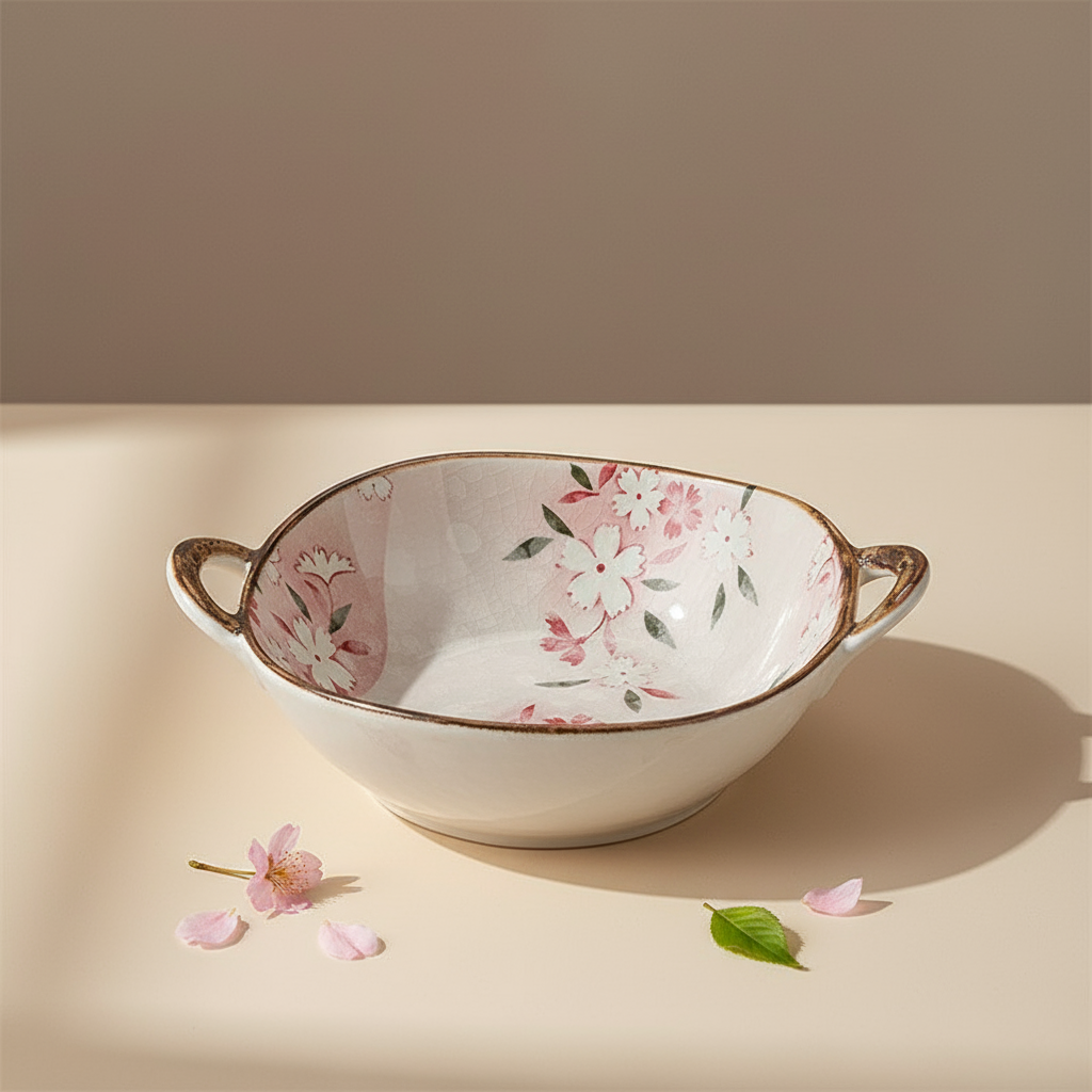 Floral Blush New Farmhouse Style Bowl With Handles Pink Flower Blossoms For Fresh Spring Home Decor
