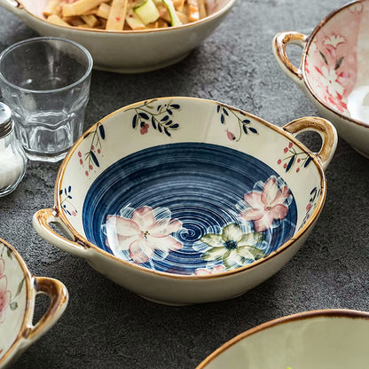 Lotus Pond Farmhouse Bowl With Handles Ceramic Pottery With Floral Pattern Handcrafted Style Ceramic Dishes