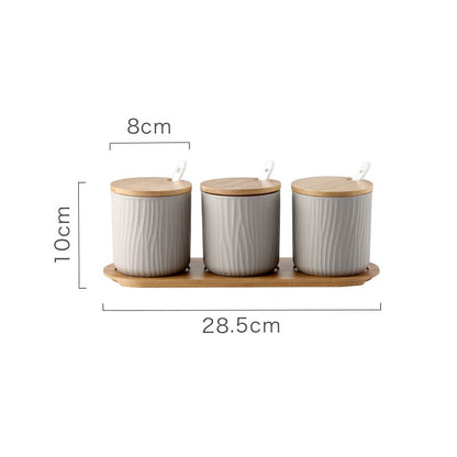 Organic Seaside Style 3 Ceramic Jars With Spoons Bamboo Lids And Wooden Tray Set In Sand Color Option