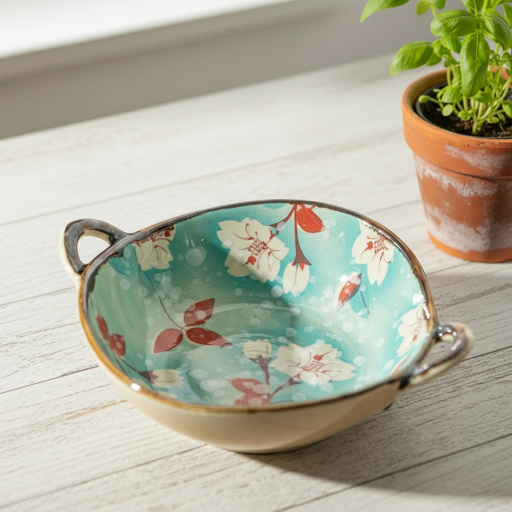 Spring Flowers Bowl With Potted Herb Colorful Kitchen Decor And Dinnerware Farmhouse Ceramic Bowls With Handles In Springtime Patterns